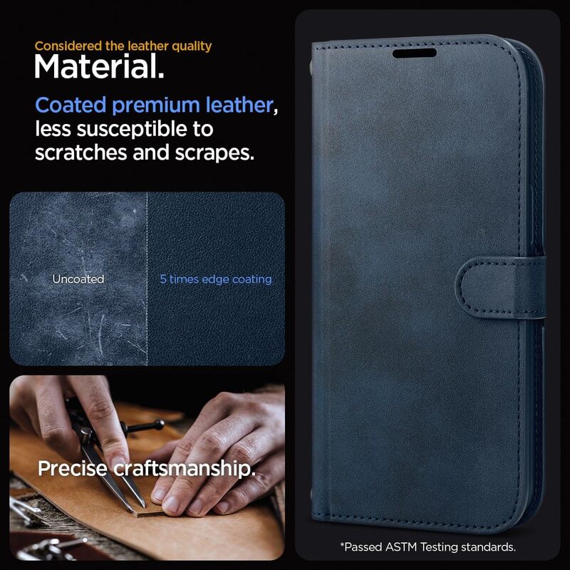 Spigen iPhone 15 Pro Max case cover Wallet S Pro Premium Leather with Wrist Strap/ Body Strap - Navy